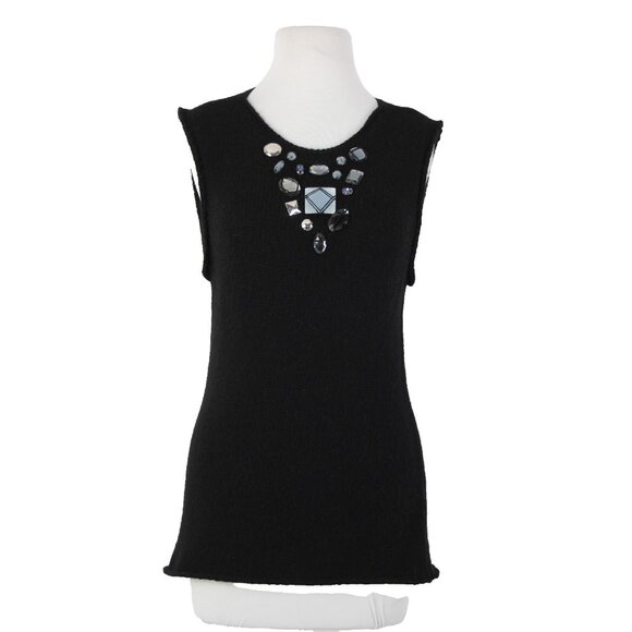 Tory Burch Sz M Black Sleeveless Open Knit Rhinestones Wool Alpaca Polyamide Top - Picture 1 of 14